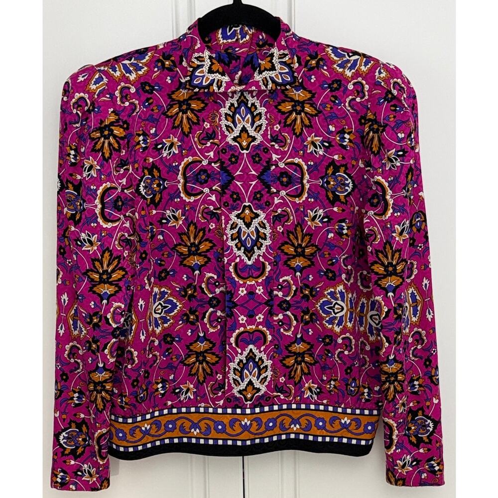 Vtg Richard Warren Petites Fuchsia Floral Print Blouse Wingtip Collar Size 6p